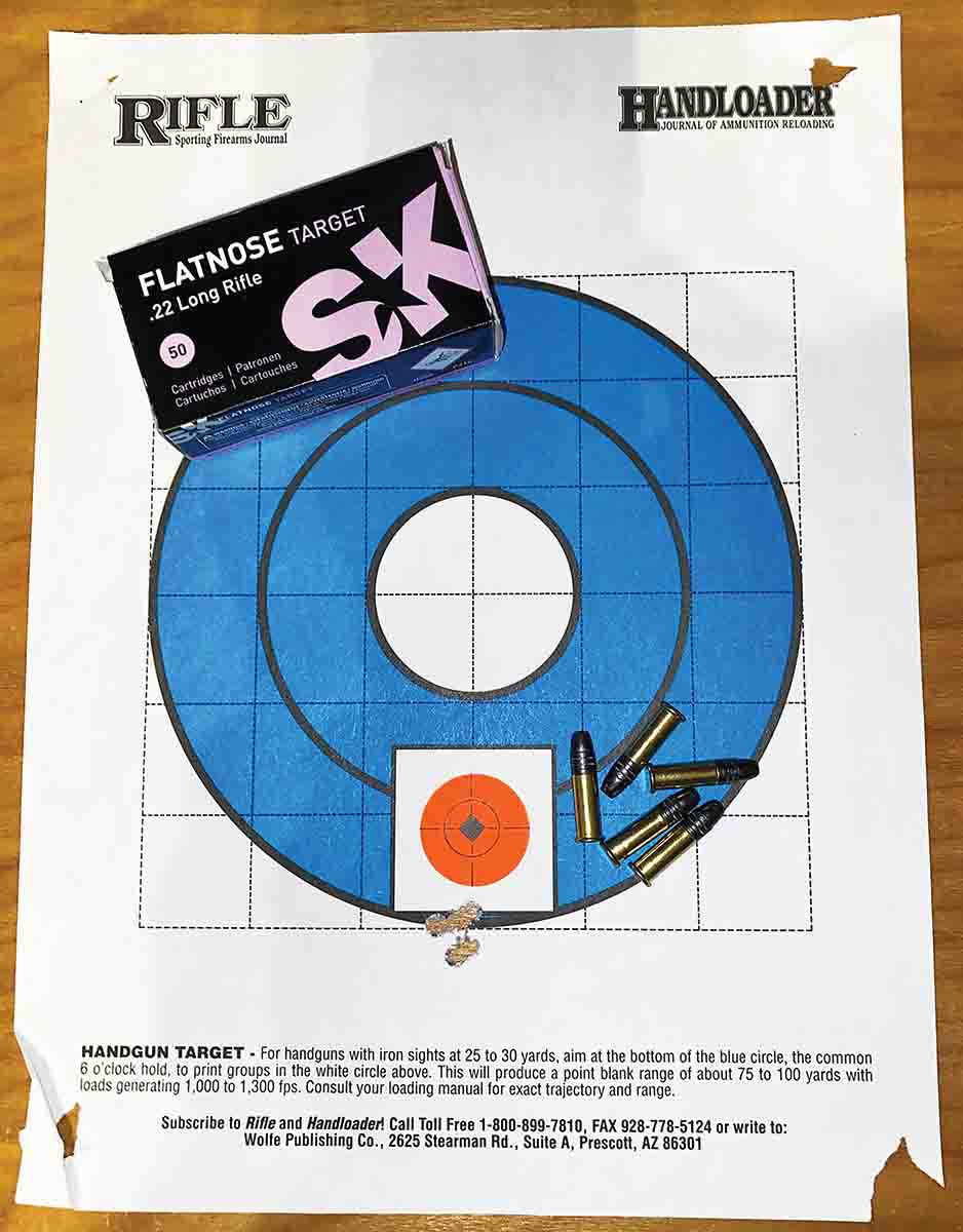 SK Flatnose Target shot a small, .350-inch cluster from the Kimber.